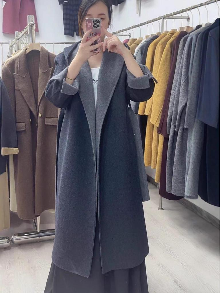 Women's Extra Long Double-Sided Wool Coat with Hood, Tie Belt, and Large Lapel, Thickened Cashmere, Loose & Temperamental Style