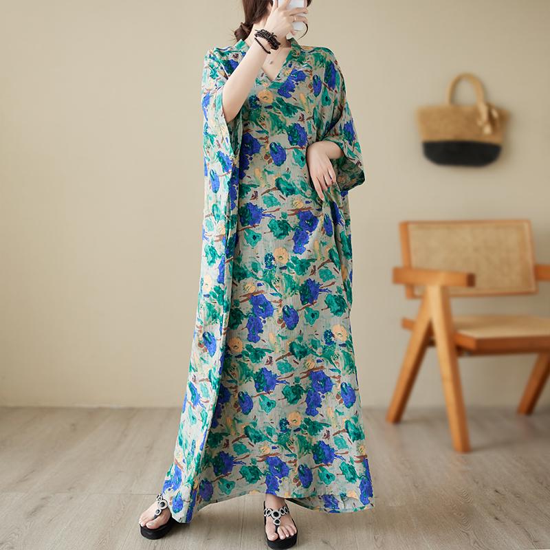 Summer V-Neck Cotton & Linen Loose Fit Literary Beach Dress