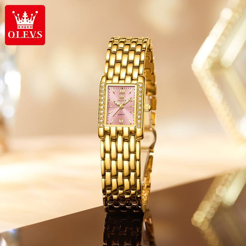 OLEVS Fashion Women's Watches Rectangular Dial Gold Stainless Steel Strap Quartz Watch Luxury Diamond Watch