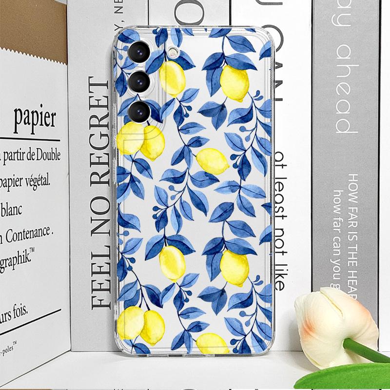 Blue Leaf Yellow Lemon Fresh Printed Clear Phone Case for Samsung Galaxy S26 S25 Ultra S24 S23 S22 Plus S21 FE S20 5G Soft Cover