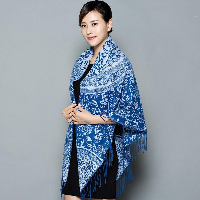 Ethnic Style Blue White Porcelain Faux Cashmere Scarf For Women Winter Autumn Travel Gift