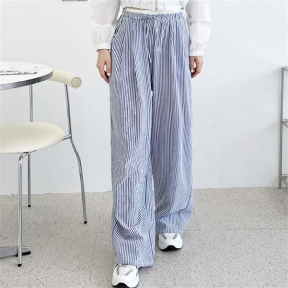 New Arrivals Open Run Women Seersucker Cotton Mix Wide Pants Color Block Stripe