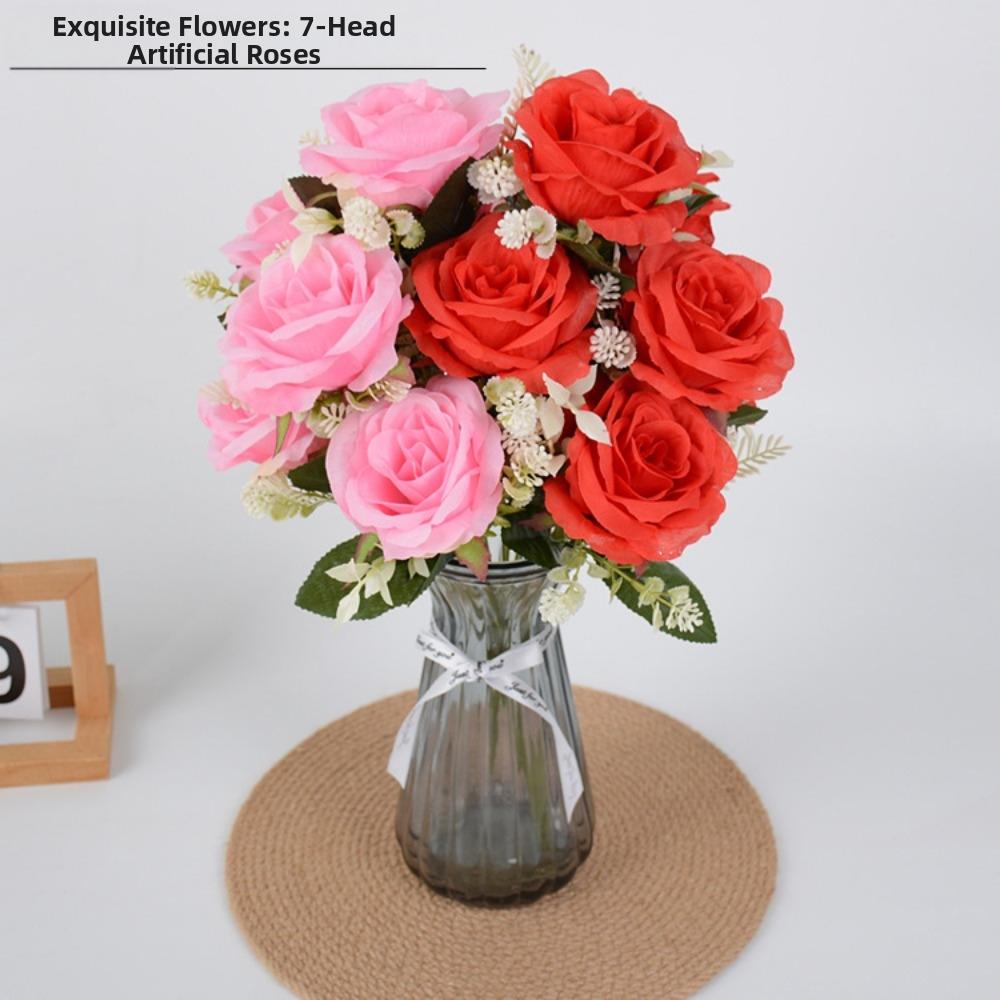 New 7 Heads Real Happy Flower 10 Colors Mini Natural Simulated Rose Photography Photo Gift Crystal Grass Bouquet Home Decorative