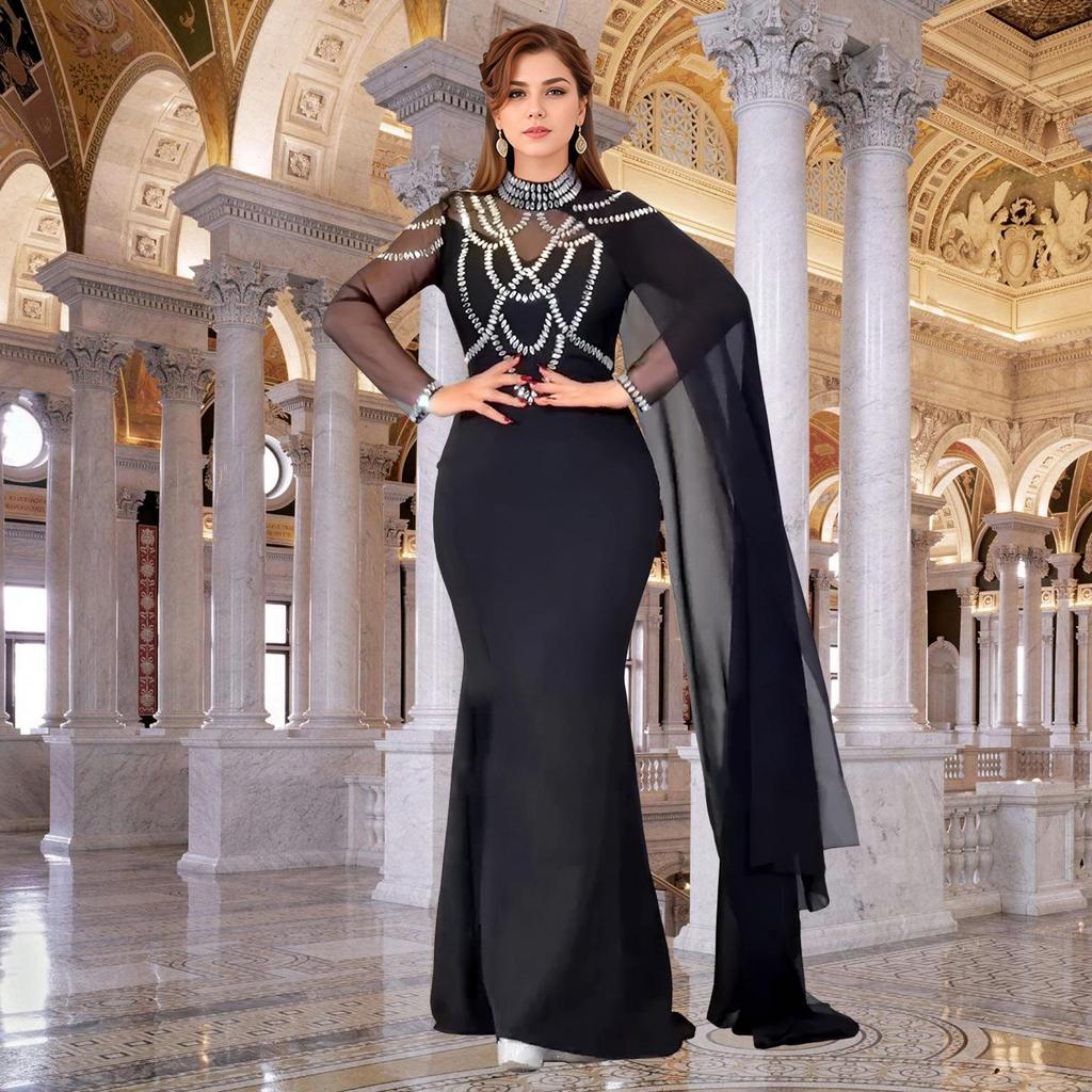 Women's Fashion Slim-fit Rhinestone Shawl Dress - Elegant European & American Style