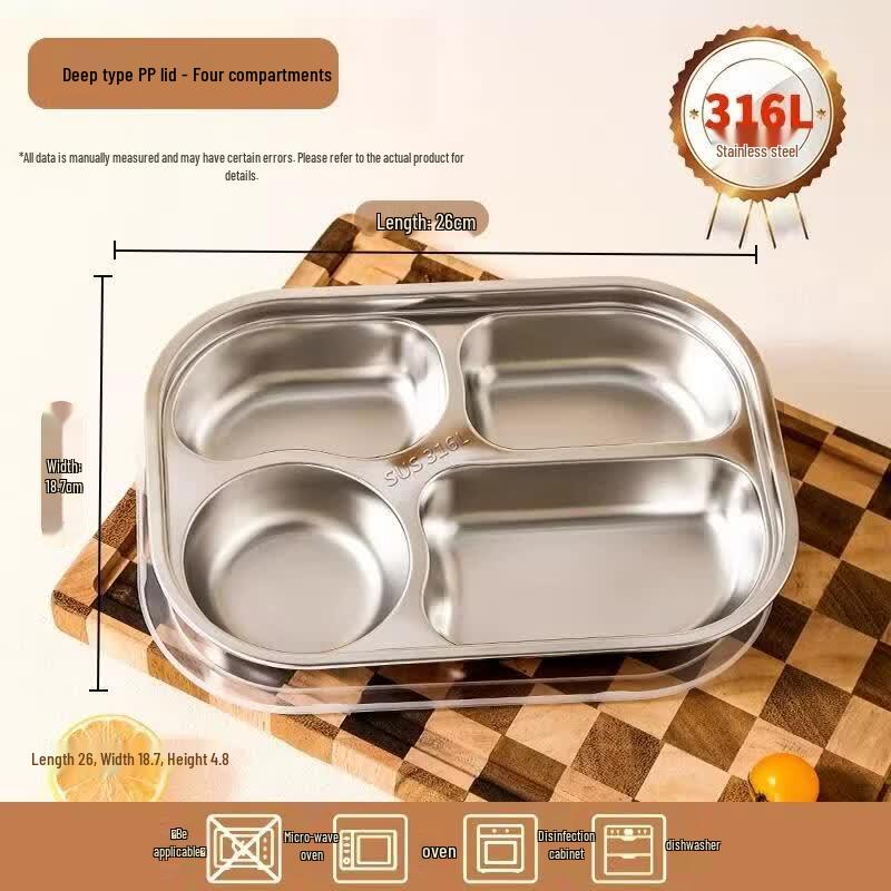 HANDUNYOU 316L Stainless Steel 4-Compartment Deep Meal Tray