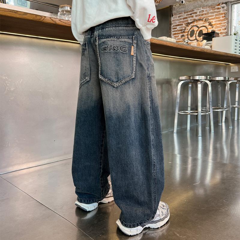 Tenåringsgutter Jeans Barnevide ben Denimbukser for barn Løse lommer Bukser Vår Høst
