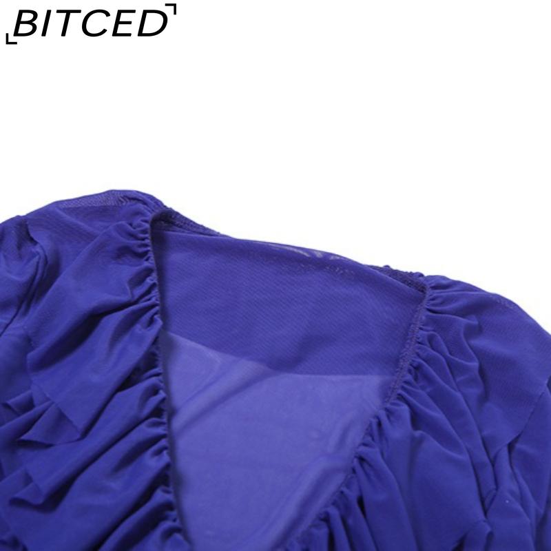 BITCED Fall Women's Solid-Color Slim-Fit Streetwear V-Neck Long-Sleeve Mesh Top