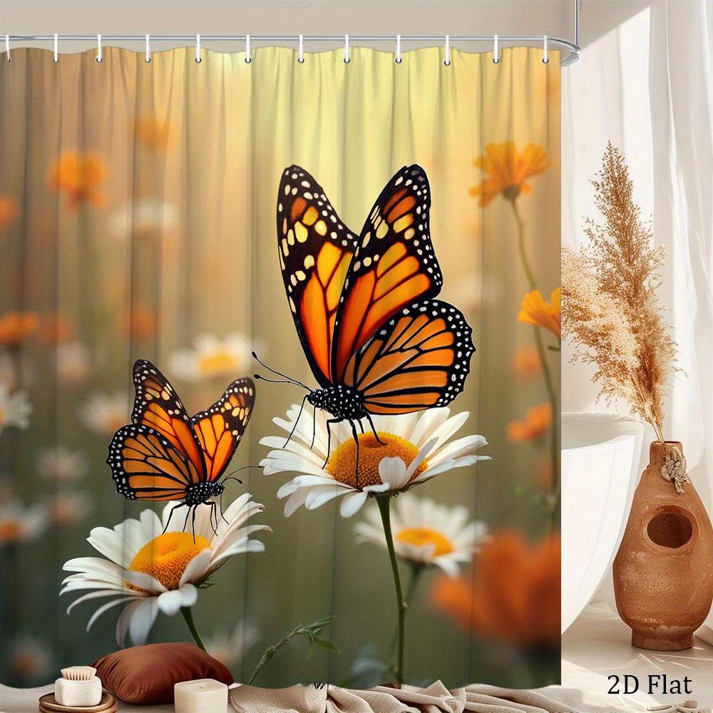 Butterfly Shower Curtain Monarch Butterflies On Daisy Flowers Nature Art Garden Decor Waterproof Fabric Bath Curtain Set Home