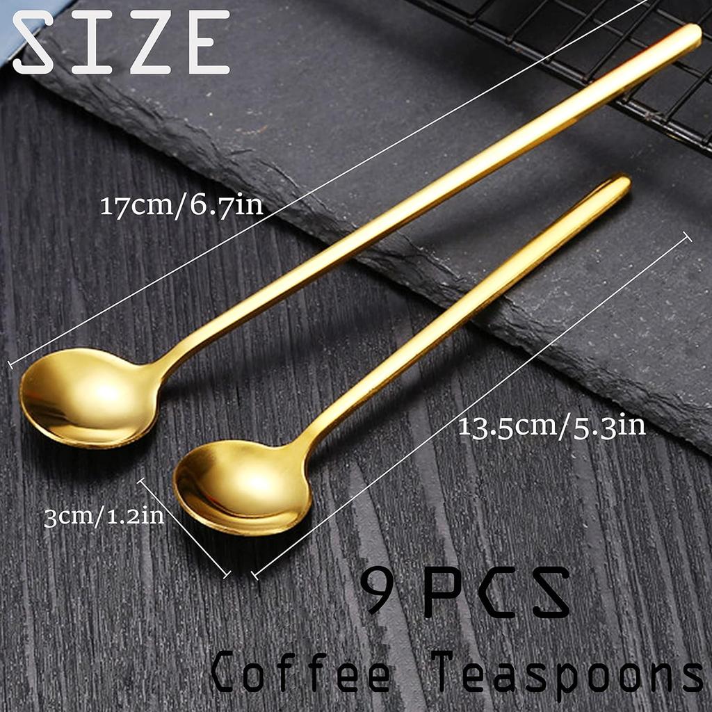 9 PCS Coffee Spoons Espresso Teaspoon, PBIEHSR Stainless Steel Two Different Lengths Tea Spoon for Stirring Coffee Bar Accessories (Gold)