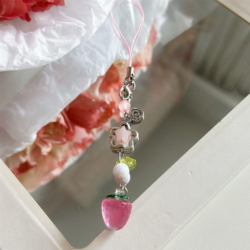 Beaded Fruits Phone Chain Transparent Phone Strap Charm Strawberry Phone Lanyard For Girls