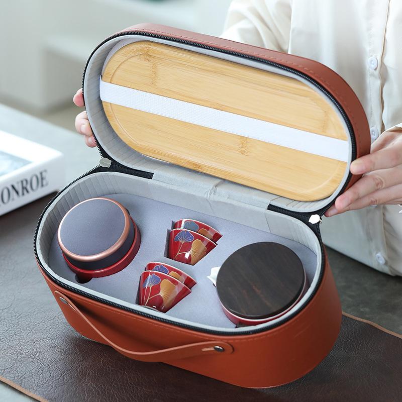 High-end Outdoor Portable Travel Tea Set, Household One Pot, Four Cups with Bamboo Tea Tray, a Complete Set of Commemorative Gifts