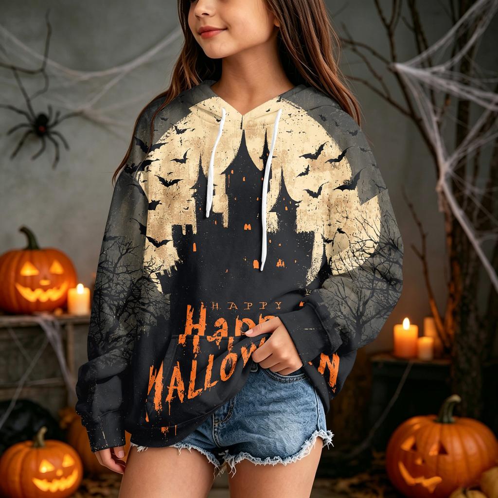 Kids' Halloween Print Hooded Sweatshirt - Casual Pullover for Boys and Girls
