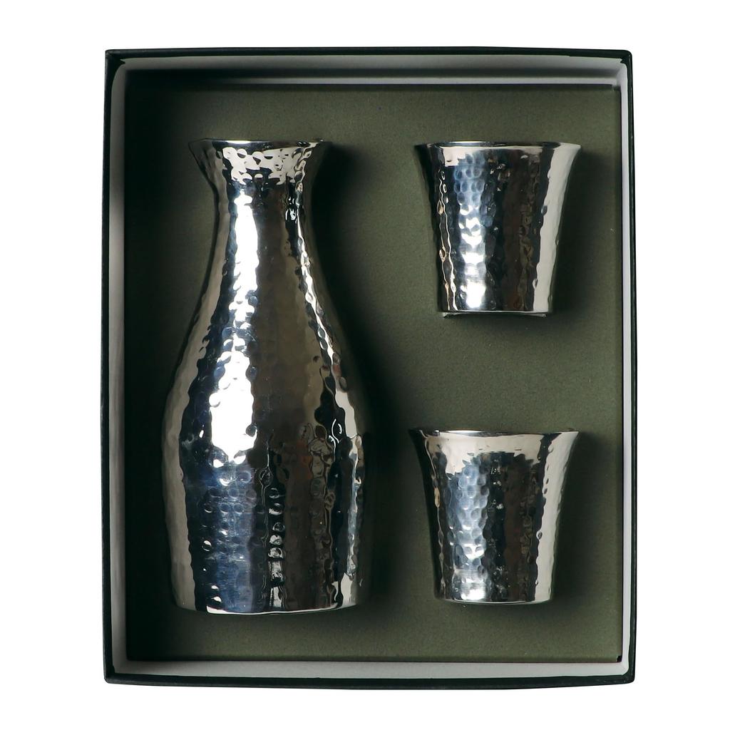 Yamaco Temahima Kobo Master Hammered Stainless Steel Sake Sake Bottle and Sake Cup in Gift Box 78278 Craftsman's Set (3-piece set)