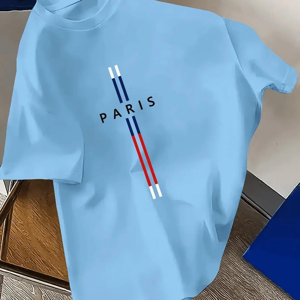Summer men's 100% cotton casual, fashionable and loose Parisian English letter printed short-sleeved top