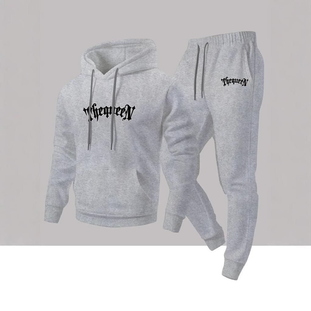 Men's fashionable casual two-piece set, new fleece-lined personalized letter print hooded shirt, sweatshirt and pants set