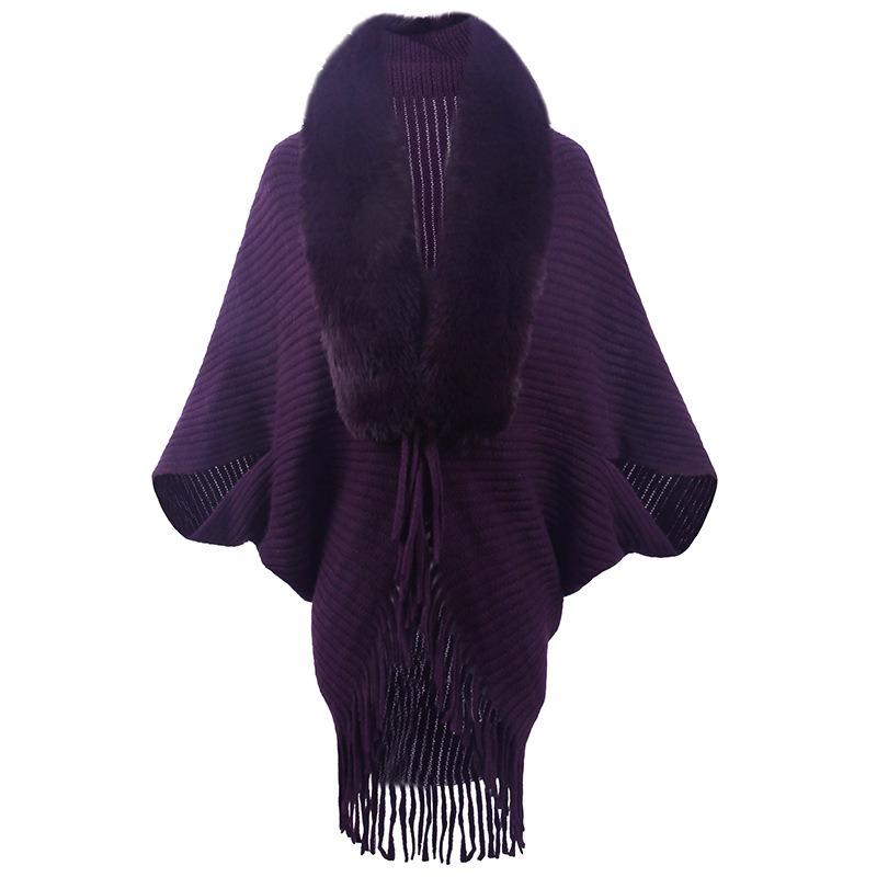 Poncho Châle Cape en Tricot avec Col en Fourrure et Franges pour Femme Vêtement d'Extérieur Chaud