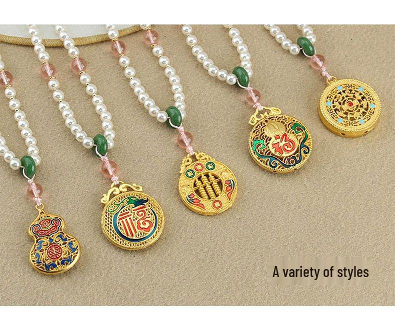 Retro Five Blessings Imitation Pearl Necklace with Cloisonné Pendant - Chinese Style Long Beaded Accessory