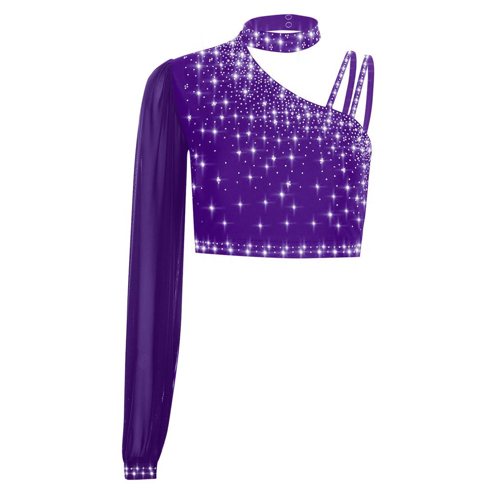 Damen Zeitgenössischer Tanz Top Asymmetrisch Transparentes Mesh Langarm Buntes Strass Crop Top