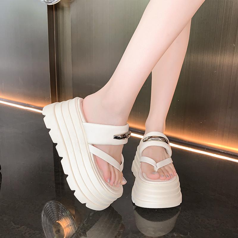 2025 New Summer Platform Wedges Slippers 8CM Heels Peep Toe Sandals Ladies Beach Flats Shoes Women Moccasins Leather Flip Flops