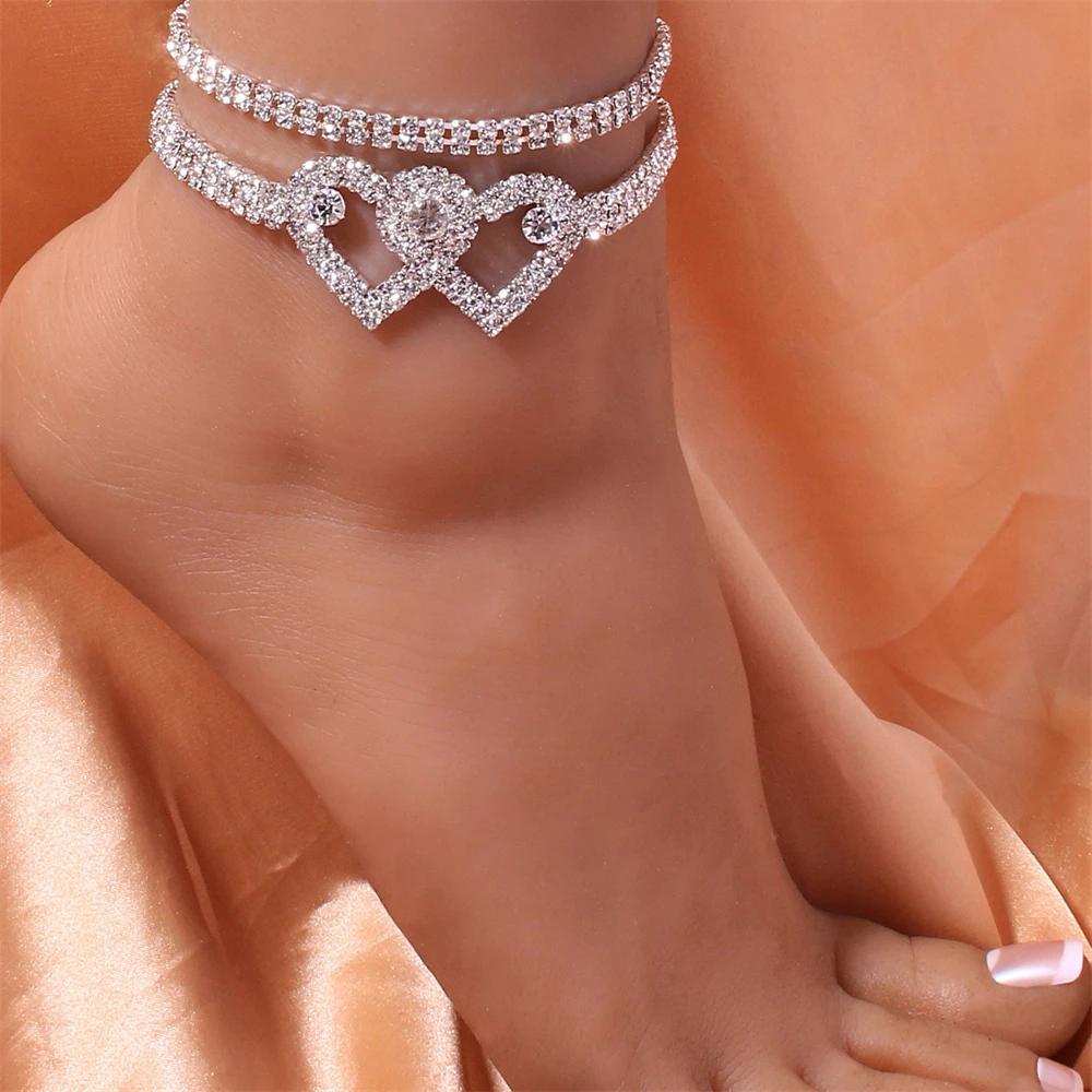 Exquisite Bling Rhinestone Double Heart Anklets for Women Hollow Out Foot Chain Trendy Summer Beach Jewelry Accessories