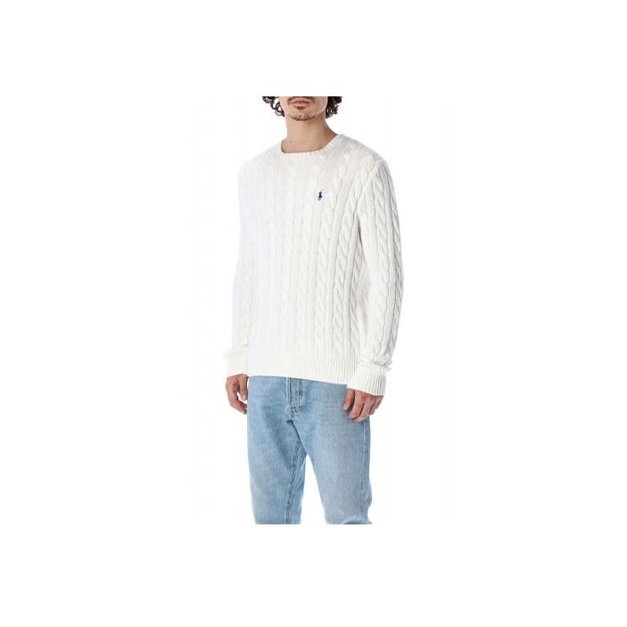 Polo Ralph Lauren SS22 Jednobarevný svetr s kulatým výstřihem a copánkovým vzorem Pánský svetr Bílý 710775885C-033