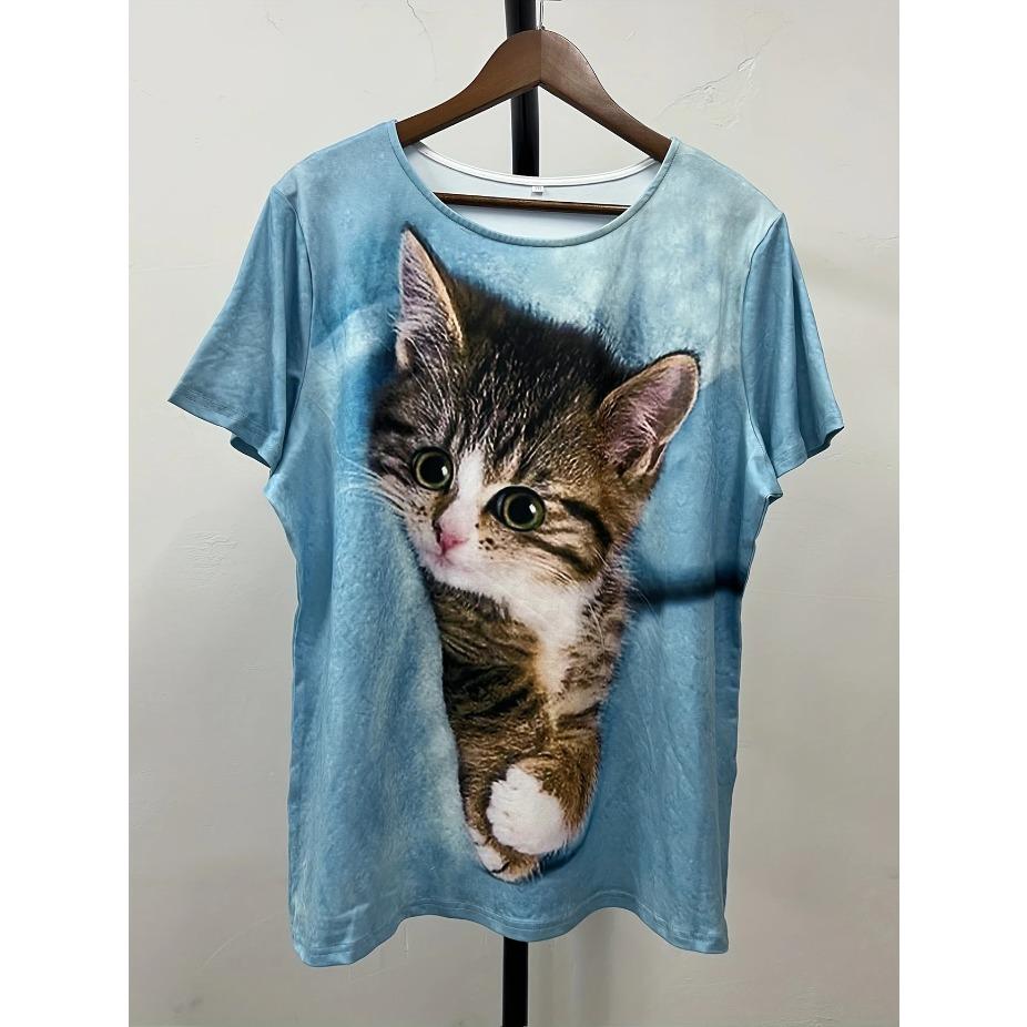 3D Katzenprint Freizeit-T-Shirt Damen Lässiges Kurzarm-Rundhals-T-Shirt mit 3D-Katzenprint, Modisches Oberteil für den täglichen Gebrauch