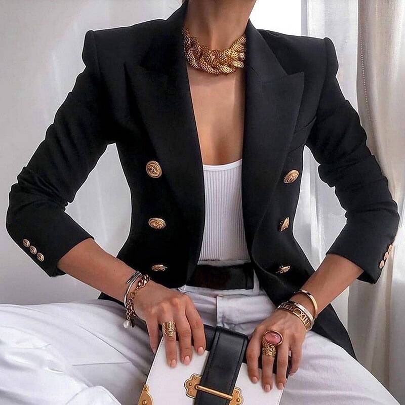 Chaqueta de traje occidental de moda para otoño y primavera: abrigo corto informal cruzado de color liso y corte entallado.