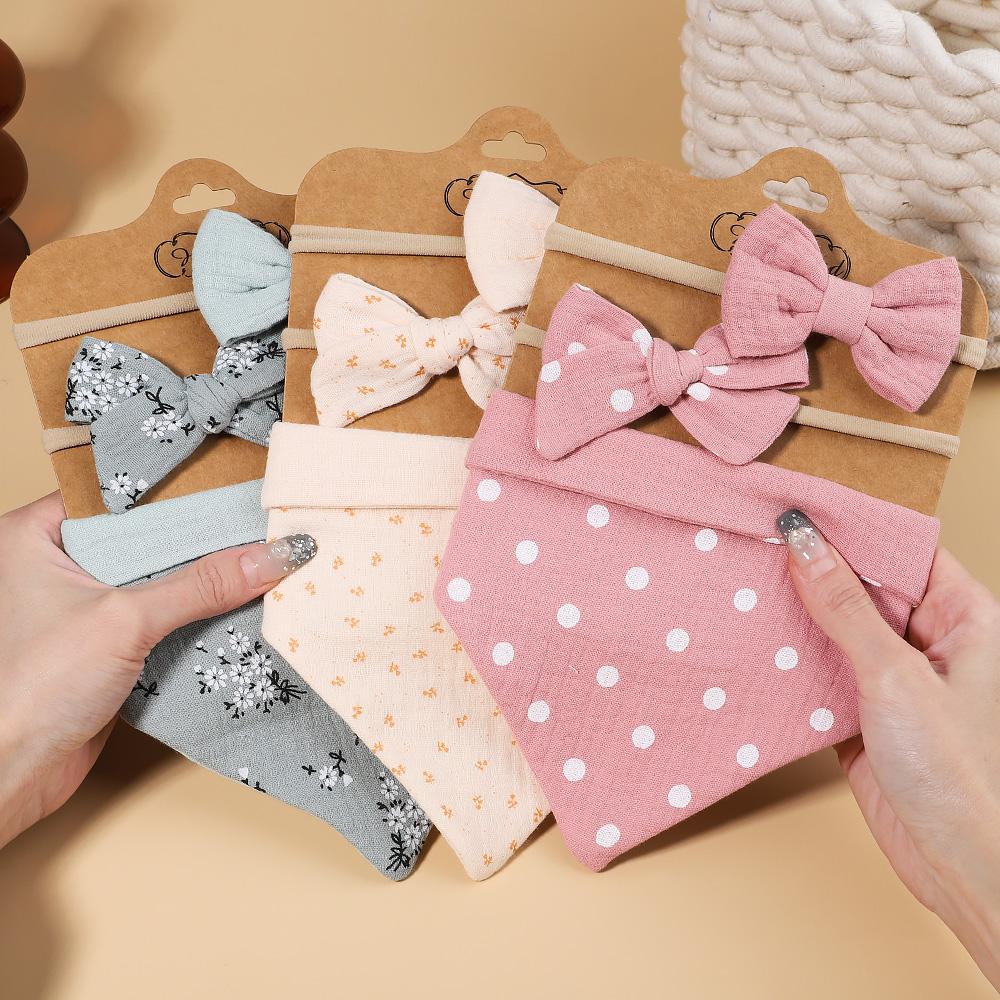 3 szt./zestaw Muślinowa Bawełna Nadruk Śliniak Noworodek Kokardki Opaska Trójkątny Ręcznik Śliniak Niemowlę Chłopiec Dziewczynka Karmienie Odbijanie Akcesoria do Włosów Dziecka