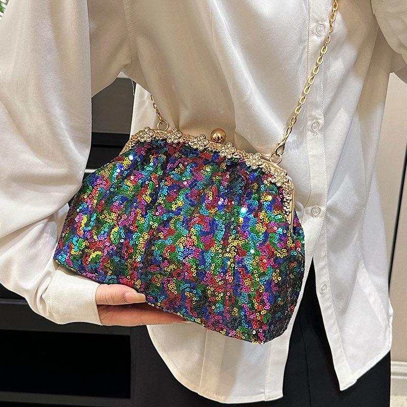2025 New Temperament Light Luxury Celebrity Holding Dinner Bag Trendy Fashion High Sense Sequined Chain Messenger Bag