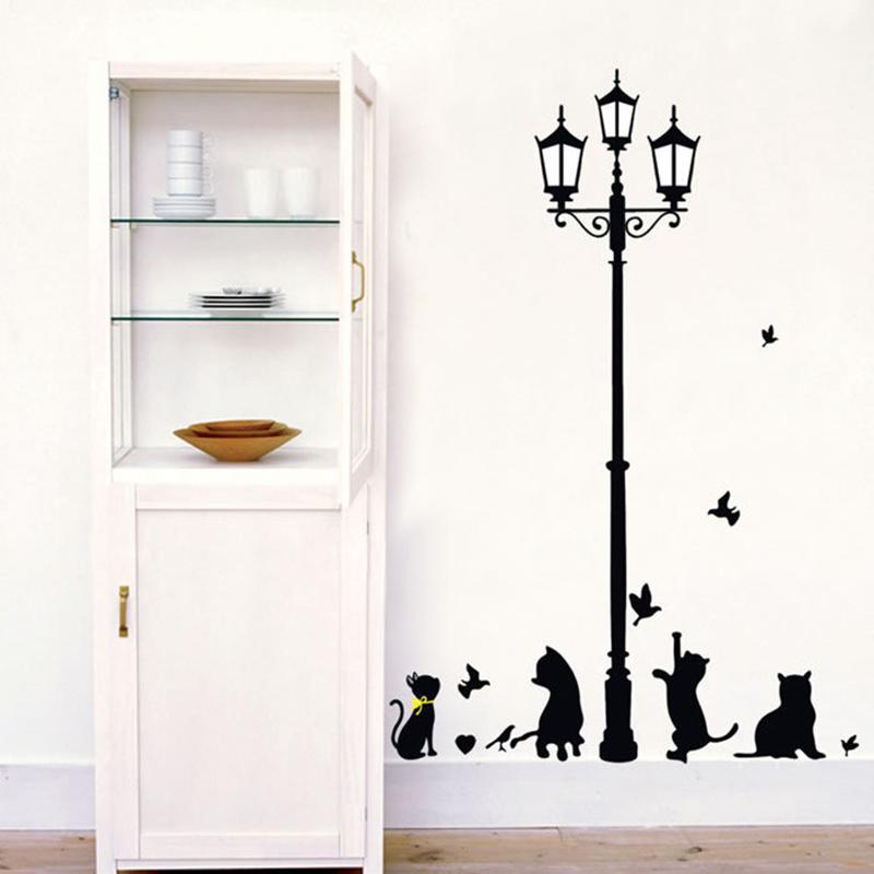 Retro Streetlight Cute Black Cat Little Bird Wall Stickers For Home Nursery Room Decoration Kids Puzzle Animal Game Warm Poster