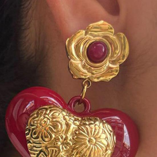 Red Heart Dangle Earrings Love Heart Dangle Drop Earrings with Flowers Women Hypoallergenic Artistic Earrings for Dating Party