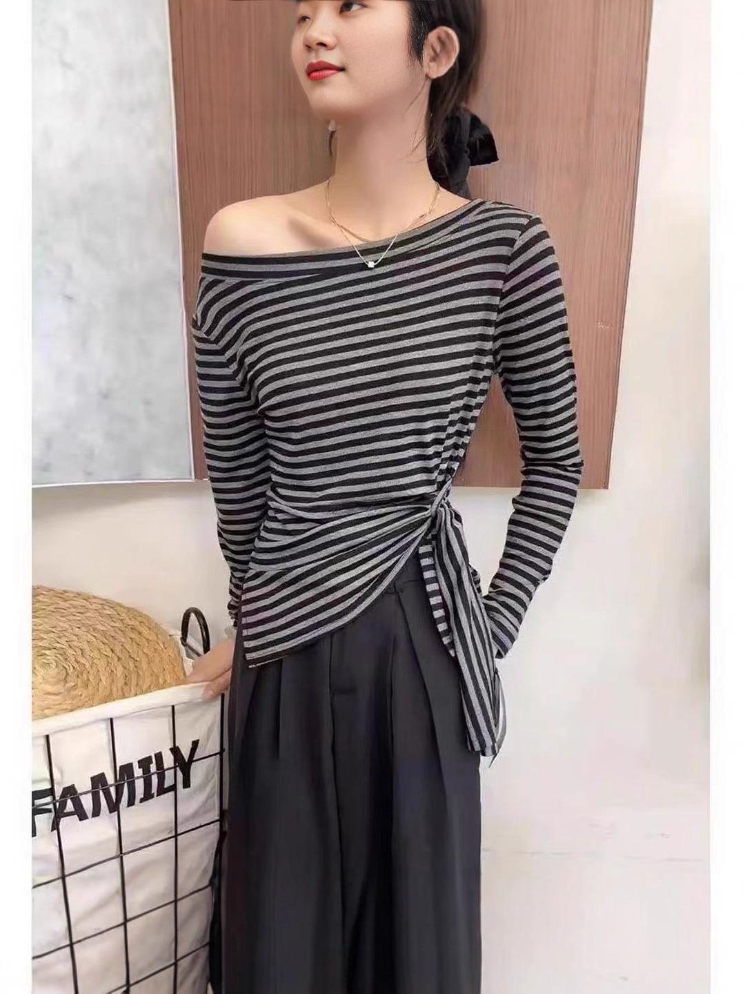Elegant Lace-up Long-sleeve T-shirt for Women - 2025 Autumn Slim-Fit Irregular Base Layer Medium