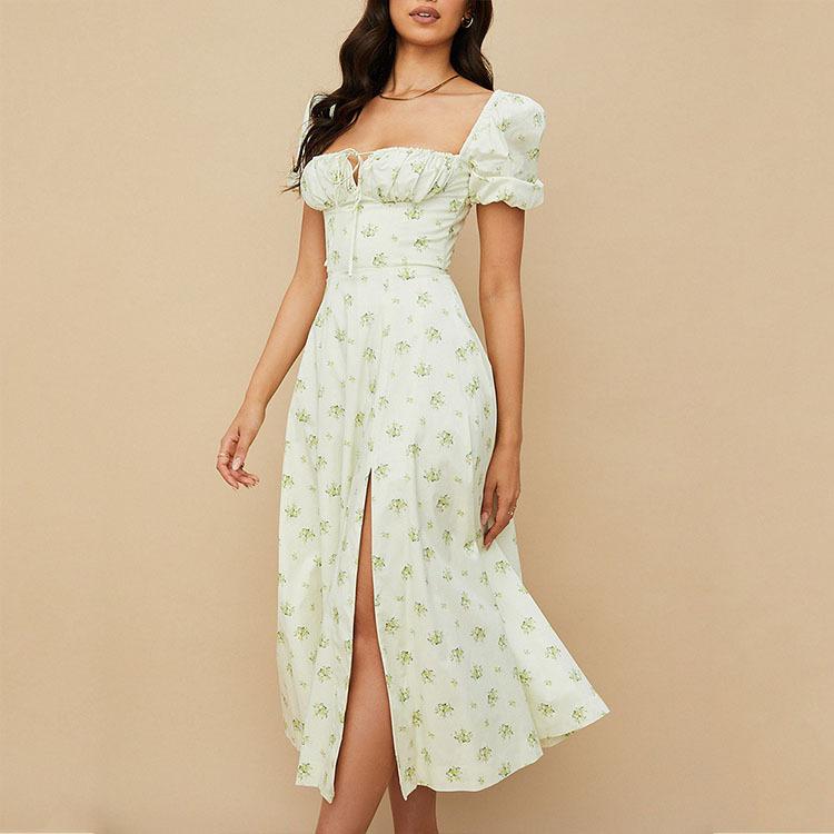 New Spring Women's Clothing Elegant and Sexy Square Collar Lace-up Floral Slit Dress