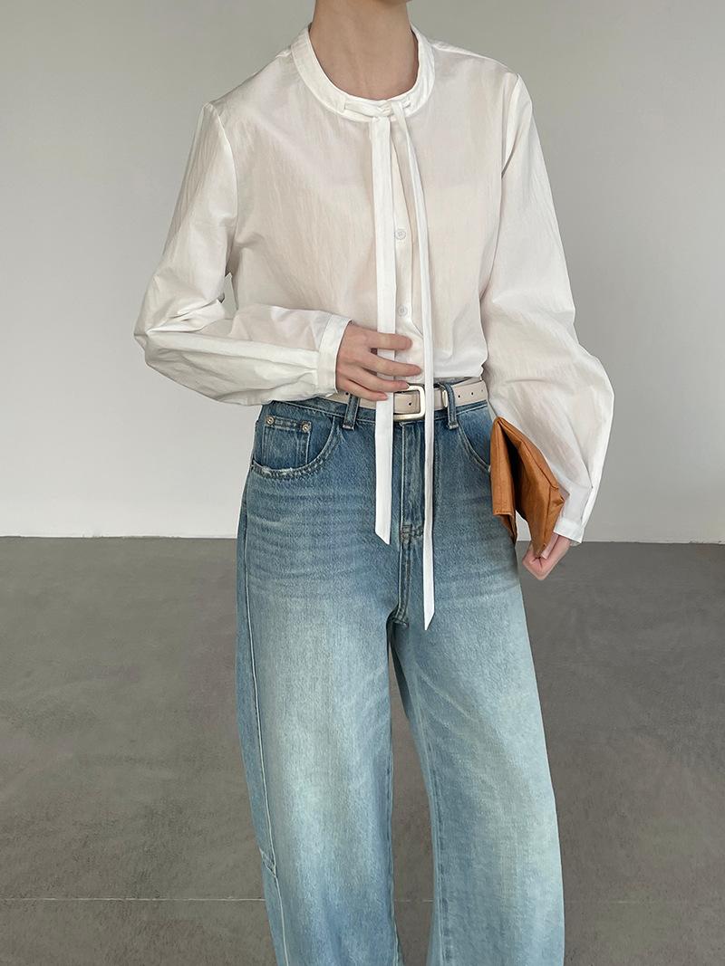 Taochuan, Korean round neck commuter streamer strap-up shirt femininity bow top 26012 M белый