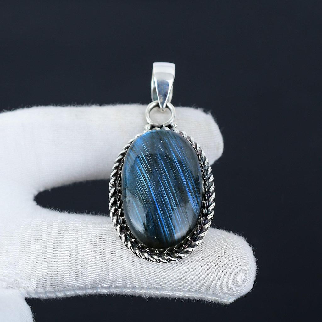 Blå Flammig Labradorit Ädelsten Handgjord 925 Sterlingsilver Smycke Hänge, Naturlig Labradorit, Julklapp till Hennes Smycken för Speciella Tillfällen