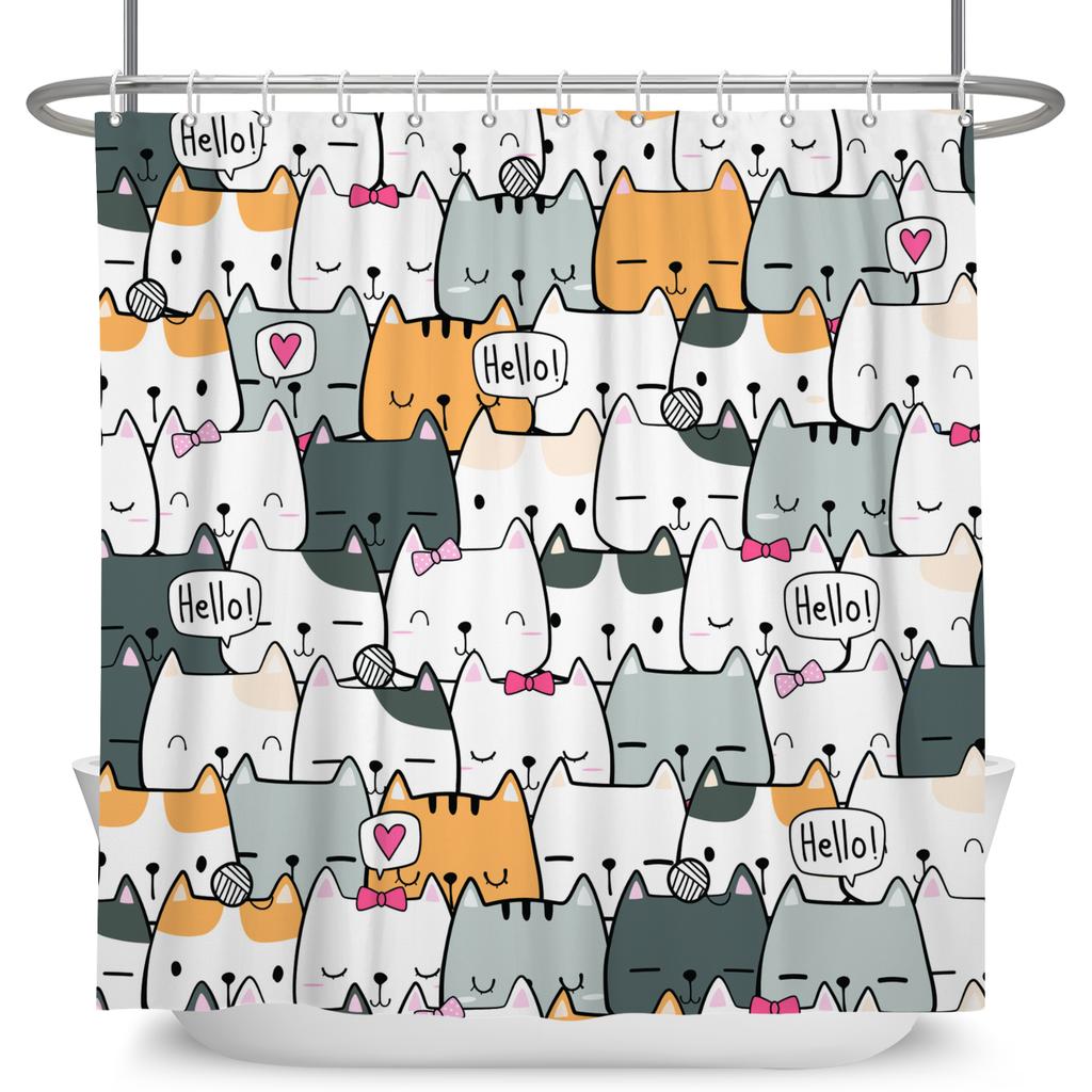 Minimalist Comics Shower Curtain Cute Cats Funny Cat Bath Scene Decor Waterproof Polyester Bathroom Curtain Set with 12 Hooks