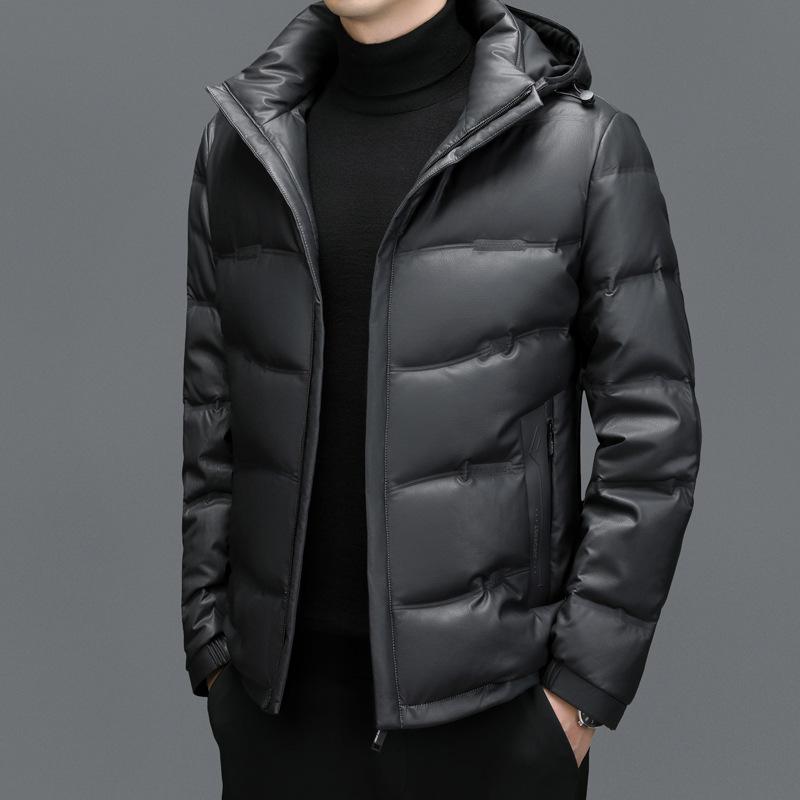 Down Jacket Genuine Leather Jacket Men's Casual Hooded Winter Short Duck Down Thickened Middle-aged Men's Down Jacket Jacket