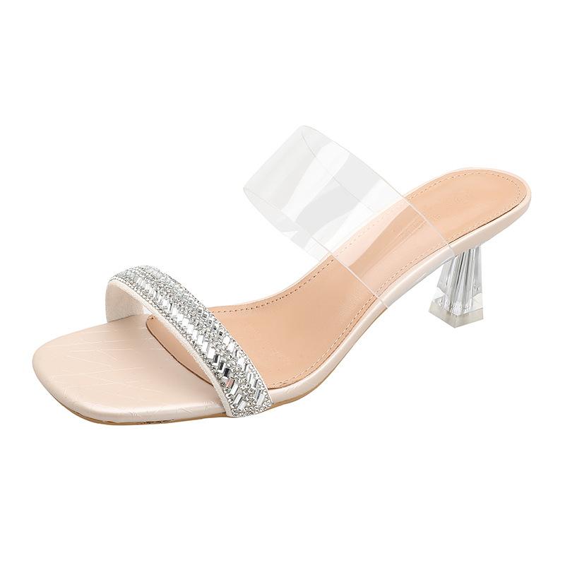 Hochhackige Ein-Wort-Slipper für Damen Sommer-Outdoor-Mode 2025 neuer Feenstil quadratische Zehenpartie transparent Kristall dünner Absatz coole Slipper