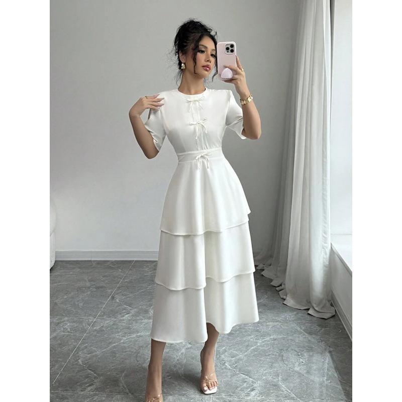 Europe, America 2026 summer new temperament simple casual solid color bow cake dress dress XS абрикосовый