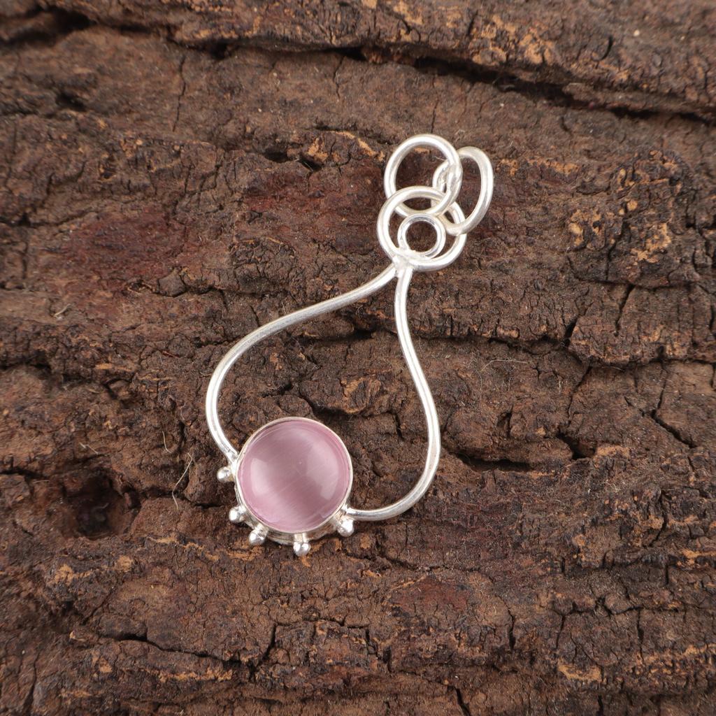 Round Pink Cat'S Eye Gemstone Mother Gift Wedding Pendant 925 Sterling Silver PP-40-48
