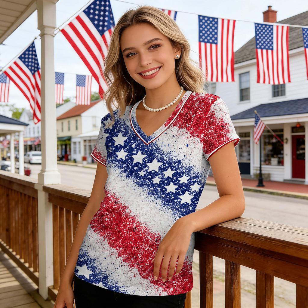 Women V Neck Short Sleeve Pullover T Shirt with Printed Star Pattern Casual Loose Fit Top for Everyday Wear