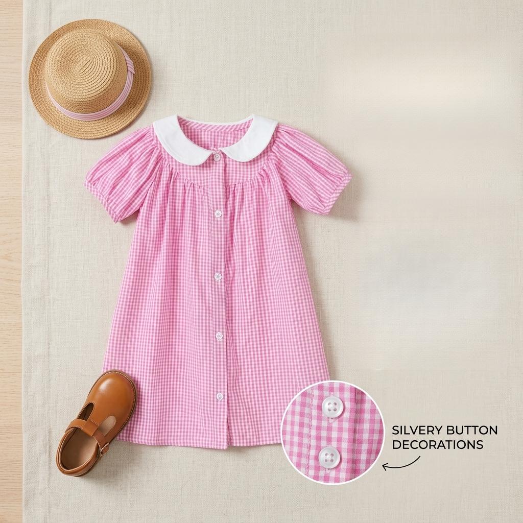 Children'S College-Style Fashionable Plaid Short-Sleeve Woven Cotton Summer Dress