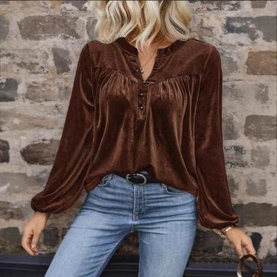 Frühling Herbst V-Ausschnitt Vintage Locker Lässige Bluse Damen Einfarbig Laterne Langarm Pullover Hemd Top
