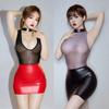 Women Sexy Exotic Dresses Mesh Spliced Patent Leather Bodycon Dresses See Through Nightwear Porno Clubwear Erotic Lingerie