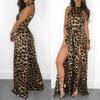 Damen Halter Neck Ärmellos Leopard Muster Maxijumpsuit Selbstbindende Taille Doppelter Hoher Schlitz Lange Hose