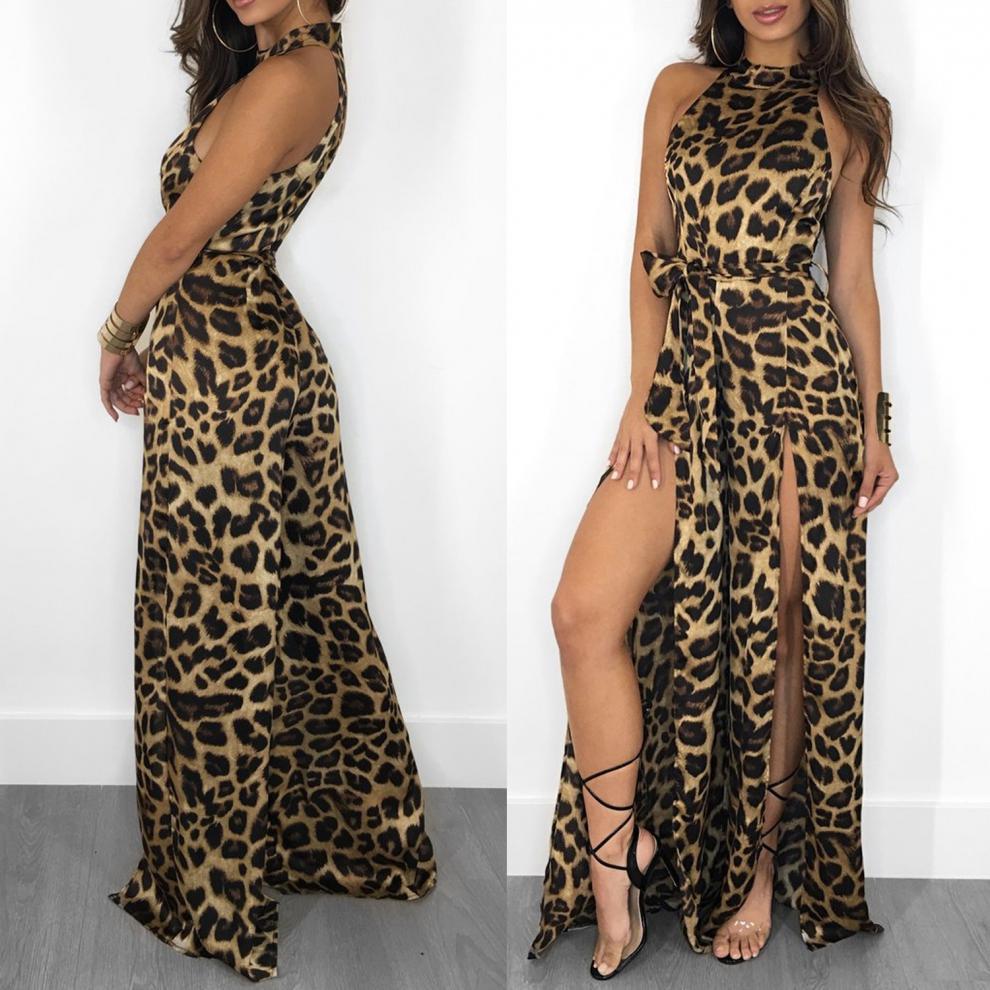 Damen Halter Neck Ärmellos Leopard Muster Maxijumpsuit Selbstbindende Taille Doppelter Hoher Schlitz Lange Hose
