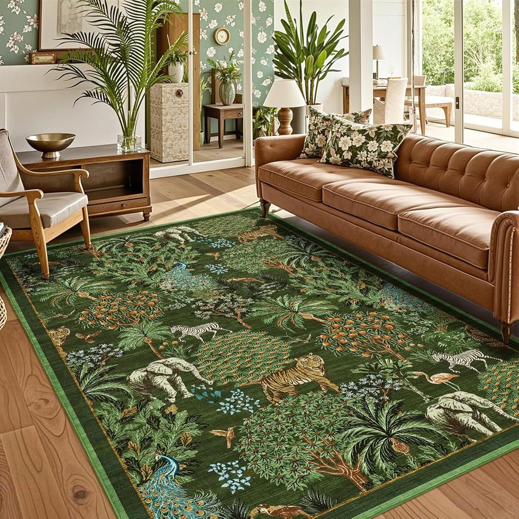 Green Living Room Carpets Nordic Style Jungle Animal Plant Print Bedroom Rug Vintage Machine Washable Non-Slip Coffee Table Mats