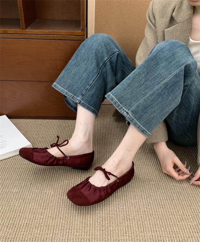 ~ Retro Pleated Lace-up Flat Mary Jane Shoes Shallow Mouth Single Shoes Women's Round Head One Pedal Ballet Shoes