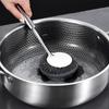 Ergonomic Stainless Steel Wool Scrubber with Long Handle and Replaceable Heads for Deep Cleaning Dishes Pots Pans Grills