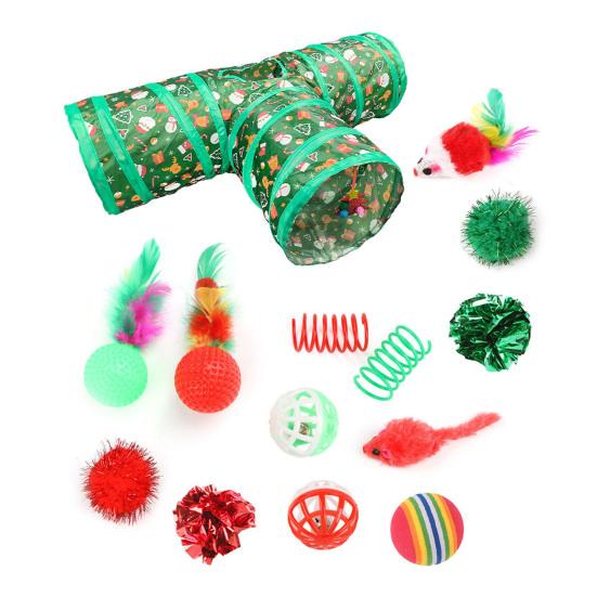 1 Set Christmas Cat Toys Cats Tunnel Rattle Ball Plush Mice Foldable 3-Way Tube Toy Interactive Play And Chew Toys for Indoor Cats And Kittens